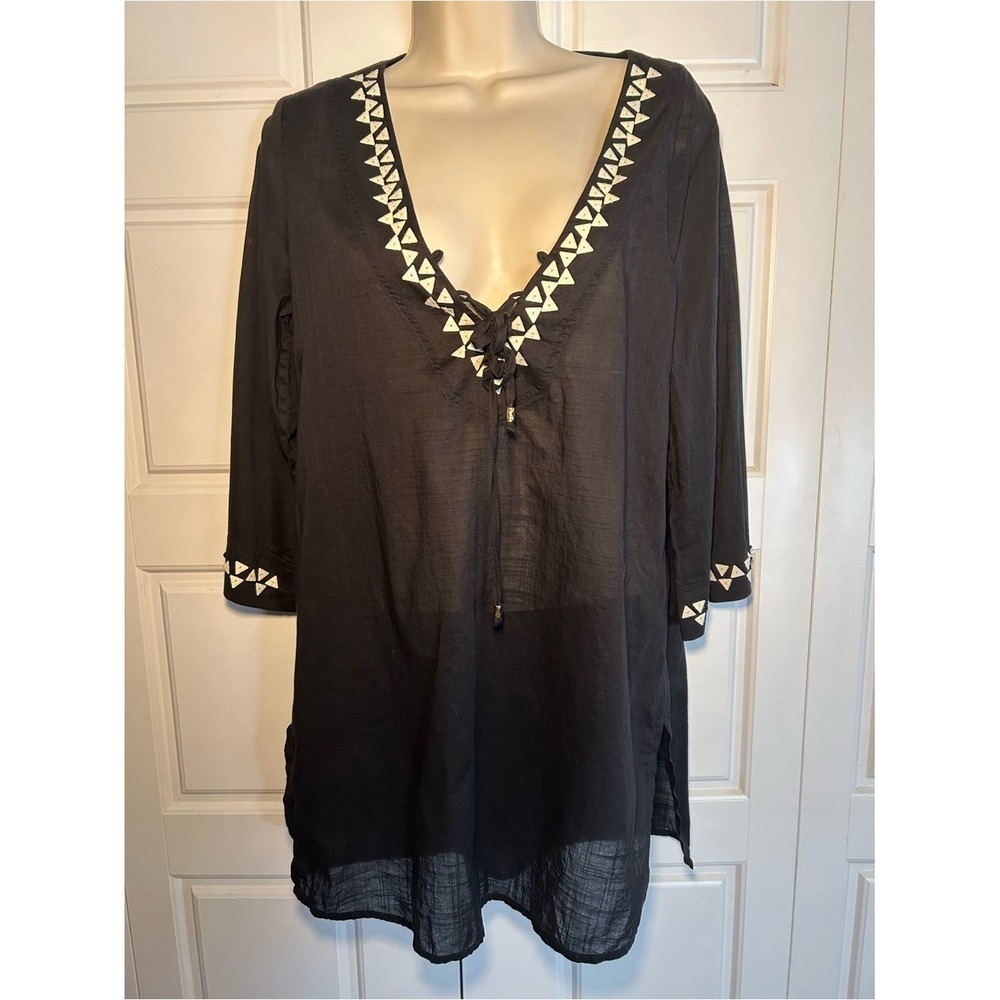 Trina Turk Swim Cover Up Womens M Black Tunic Lace Up V Neck Beaded Beach Resort - Picture 3 of 9